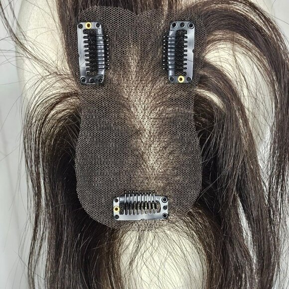 10 in Human Hair Clip Topper Dark Brown Cocoa Wispy Bangs Thinning Hair Wiglet - Picture 5 of 5